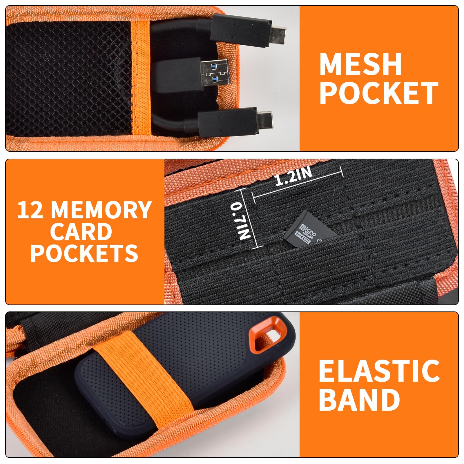 Black and orange SSD case interior with mesh pocket, 12 card slots, and elastic drive strap