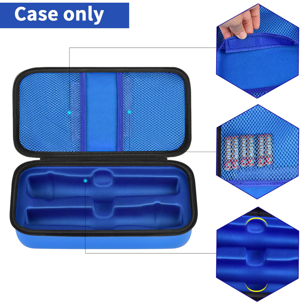 Blue JBL wireless microphone case dimensions with dual storage layout