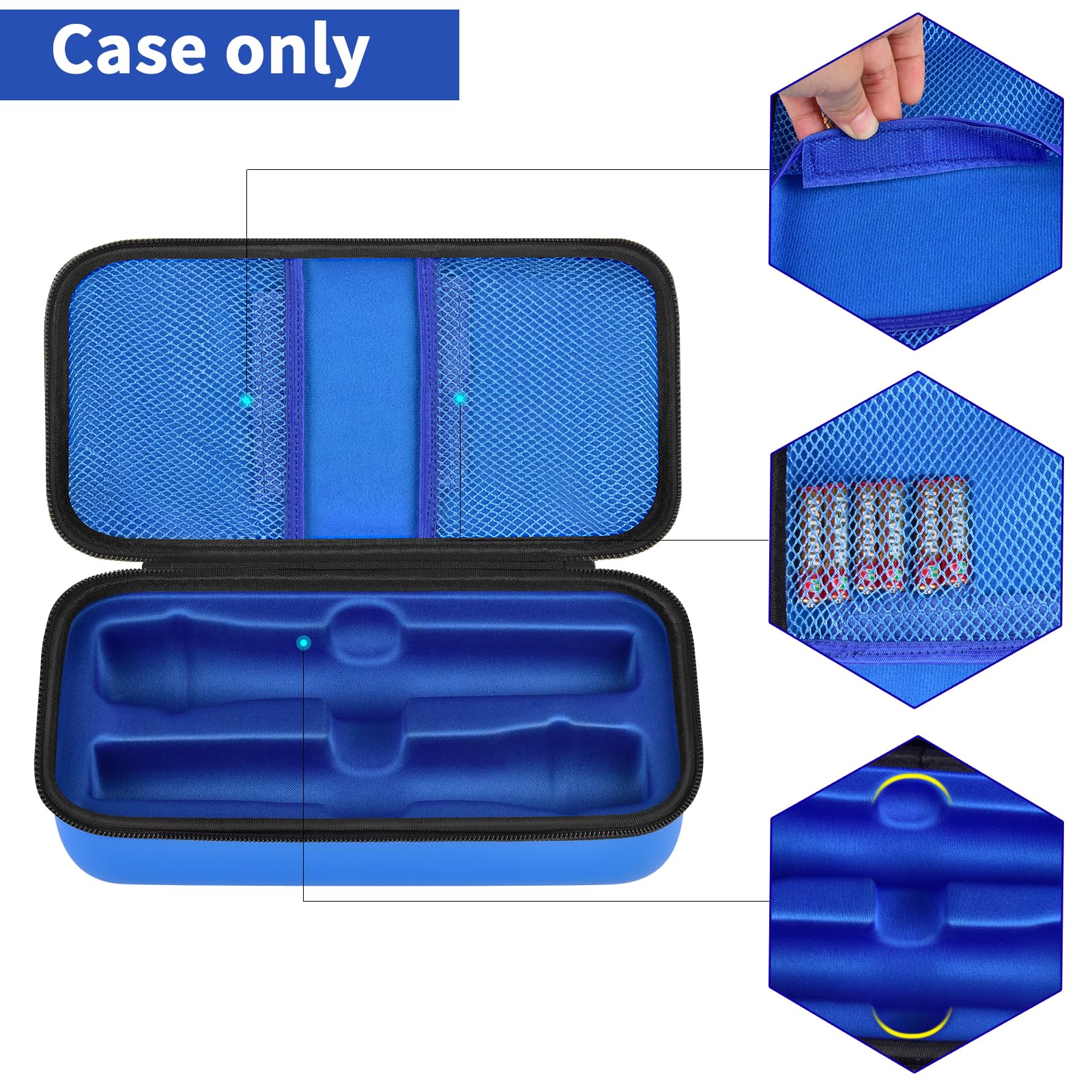 Blue JBL wireless microphone case dimensions with dual storage layout
