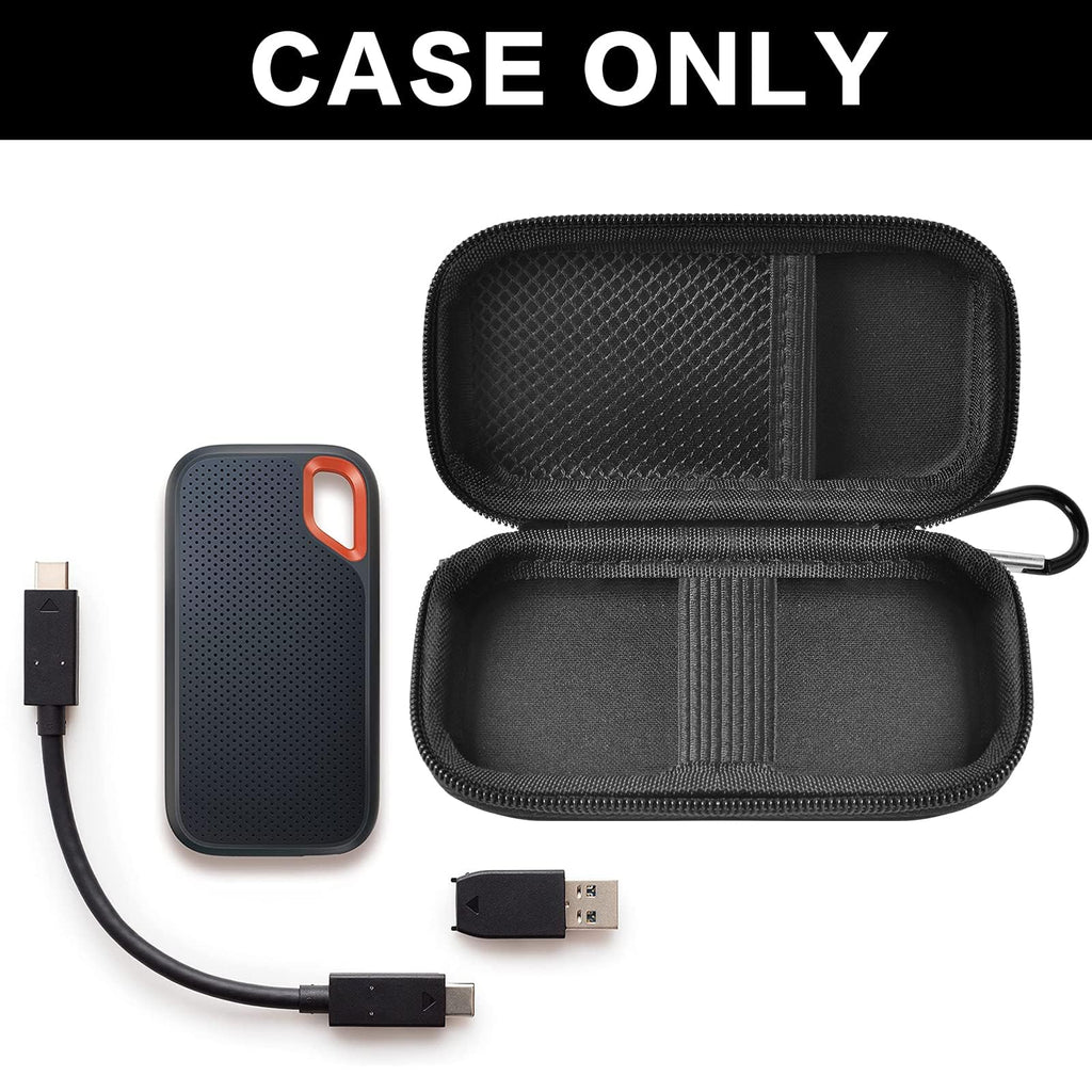 Open black SanDisk SSD case with portable drive and cable; case only