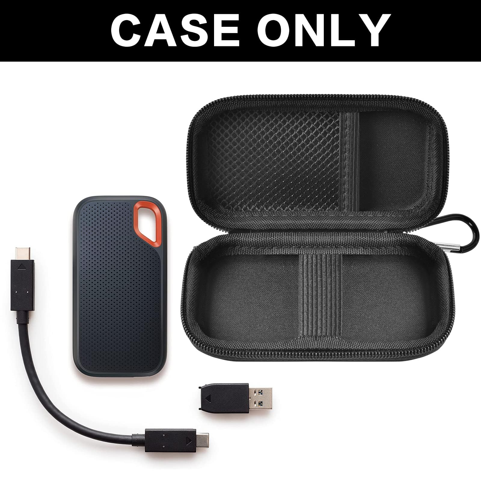 Open black SanDisk SSD case with portable drive and cable; case only