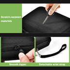 Black protective digital camera case zippered mesh pocket and elastic camera strap interior