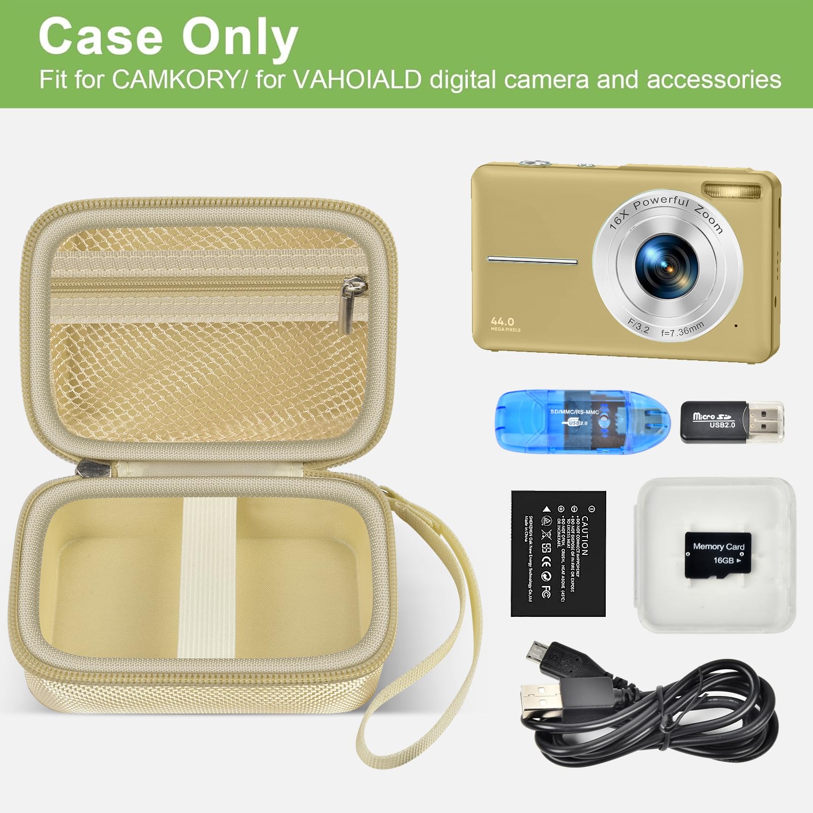 Beige protective digital camera case shown open with compatible compact camera and accessories