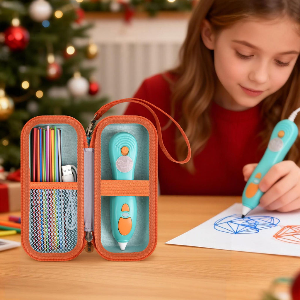 Girl using a 3D printing pen beside the open turquoise and orange organizer