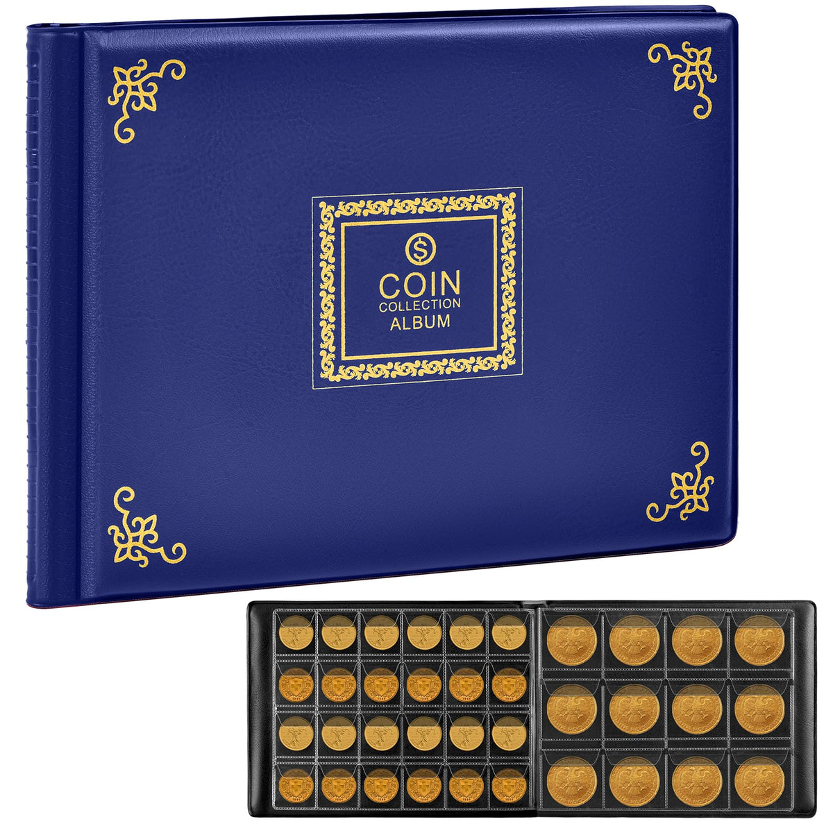 300-Pocket Coin Collection Album – Vintage pattern blue – protective case product view