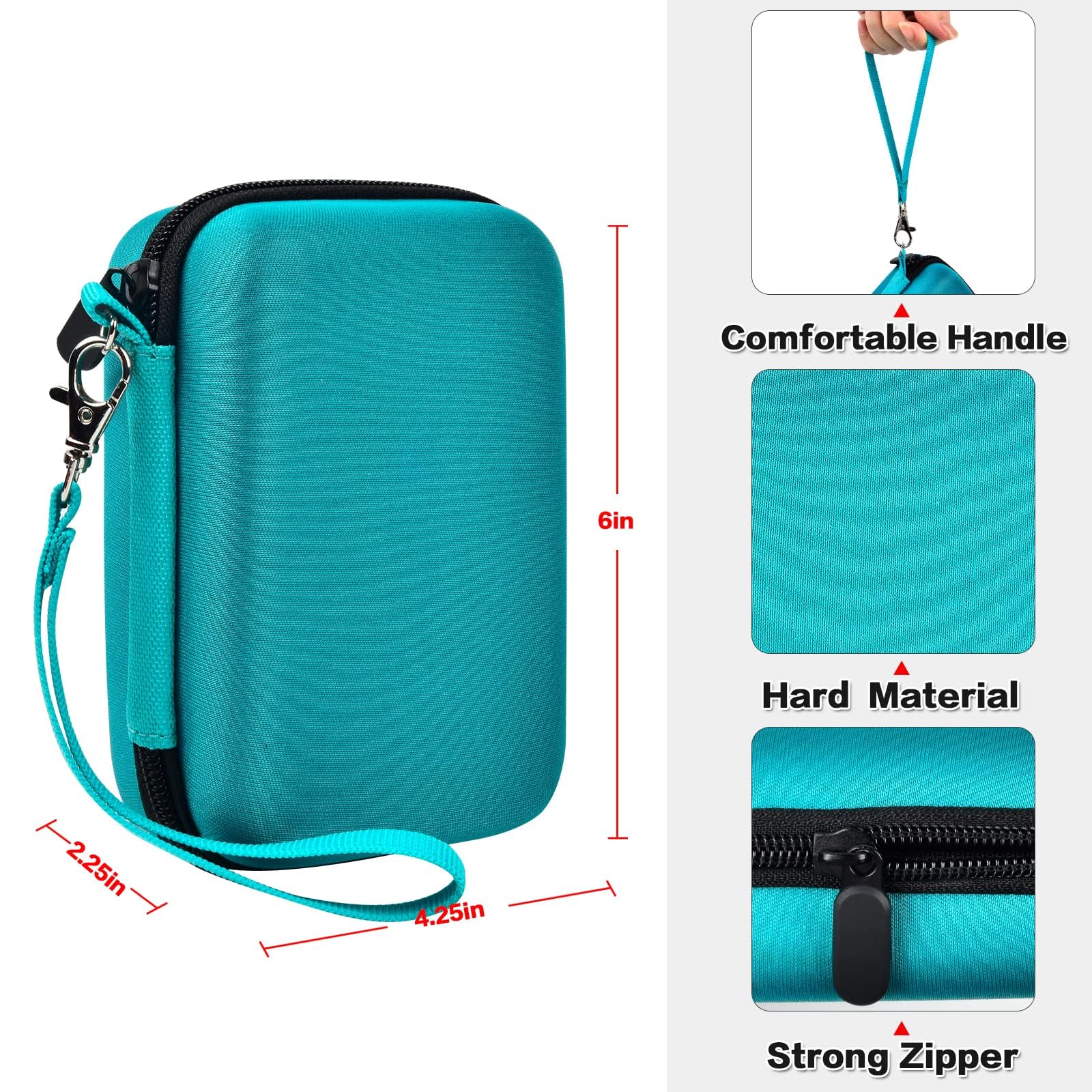 Teal label maker case dimensions with handle, strong zipper, and hard shell