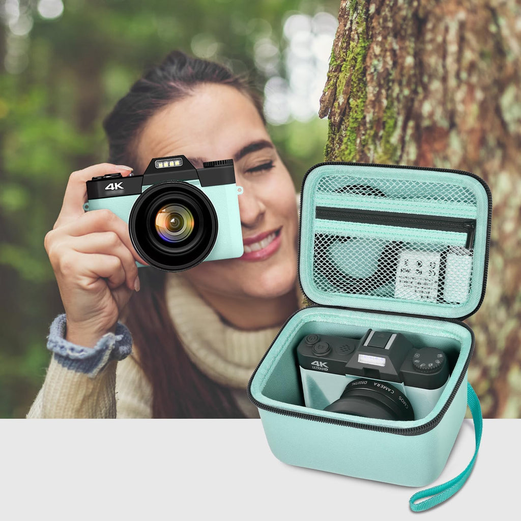 Photographer using a compact camera beside the open mint green organizer