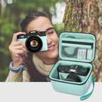 Photographer using a compact camera beside the open mint green organizer