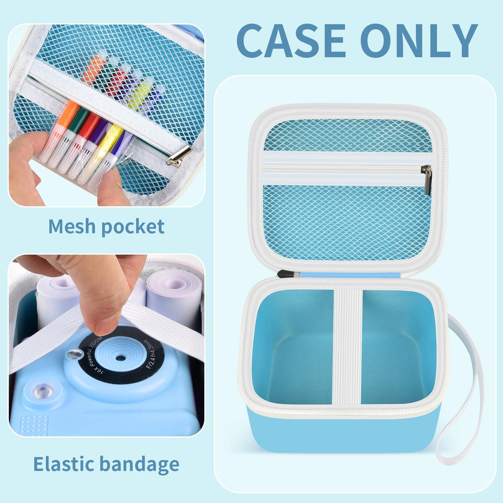 Blue bear-shaped kids instant print camera case open interior with mesh pocket and elastic strap
