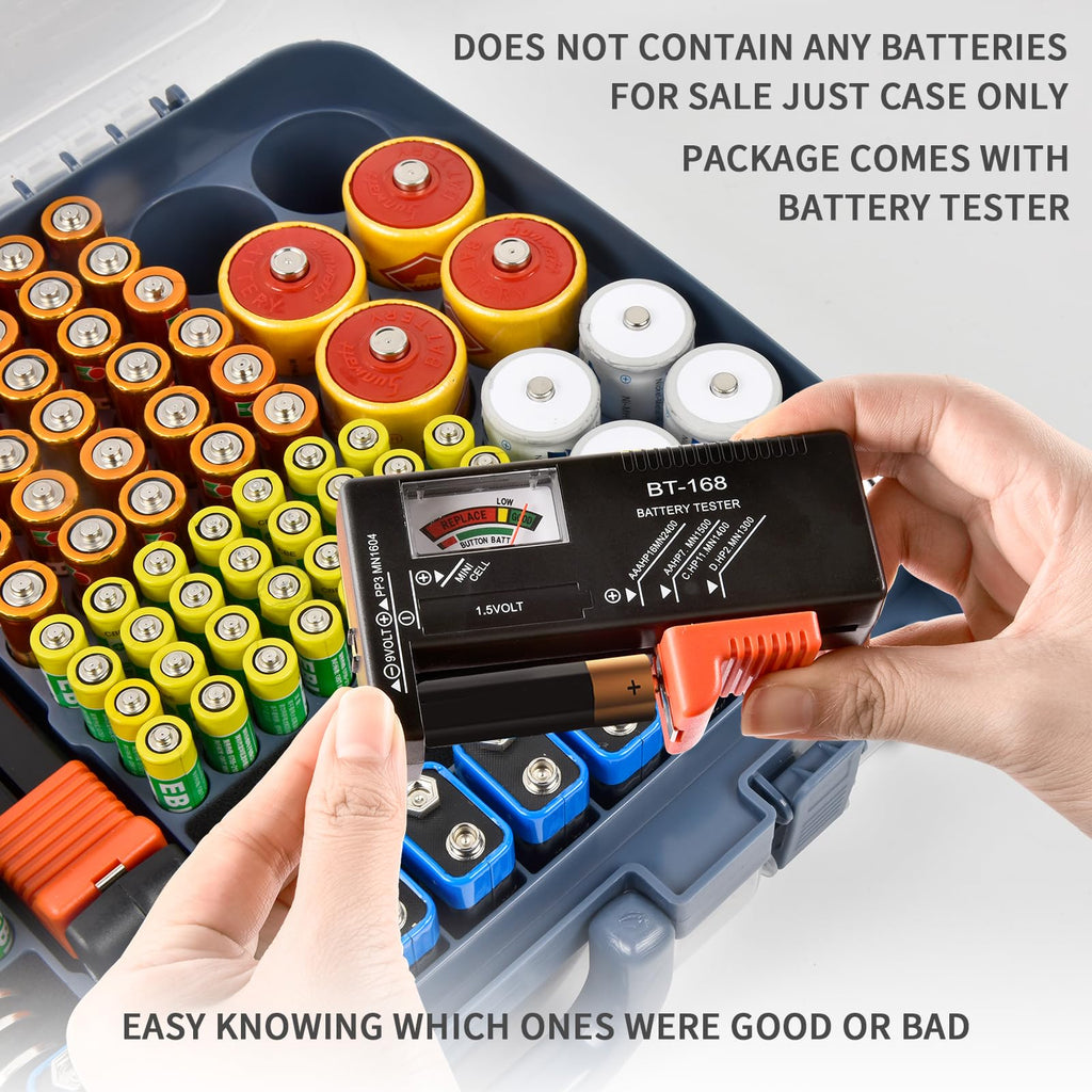 Navy blue 269-slot battery organizer case included battery tester checking battery condition
