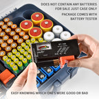 Navy blue 269-slot battery organizer case included battery tester checking battery condition