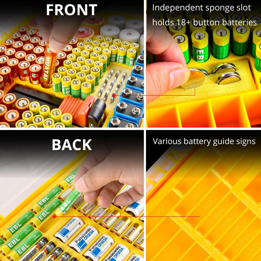 Orange 269-slot battery organizer case front and back battery compartments and button-cell slots