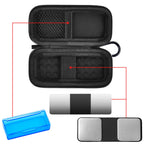 Open black KardiaMobile case with mesh pocket, sensor area, and accessory compartments