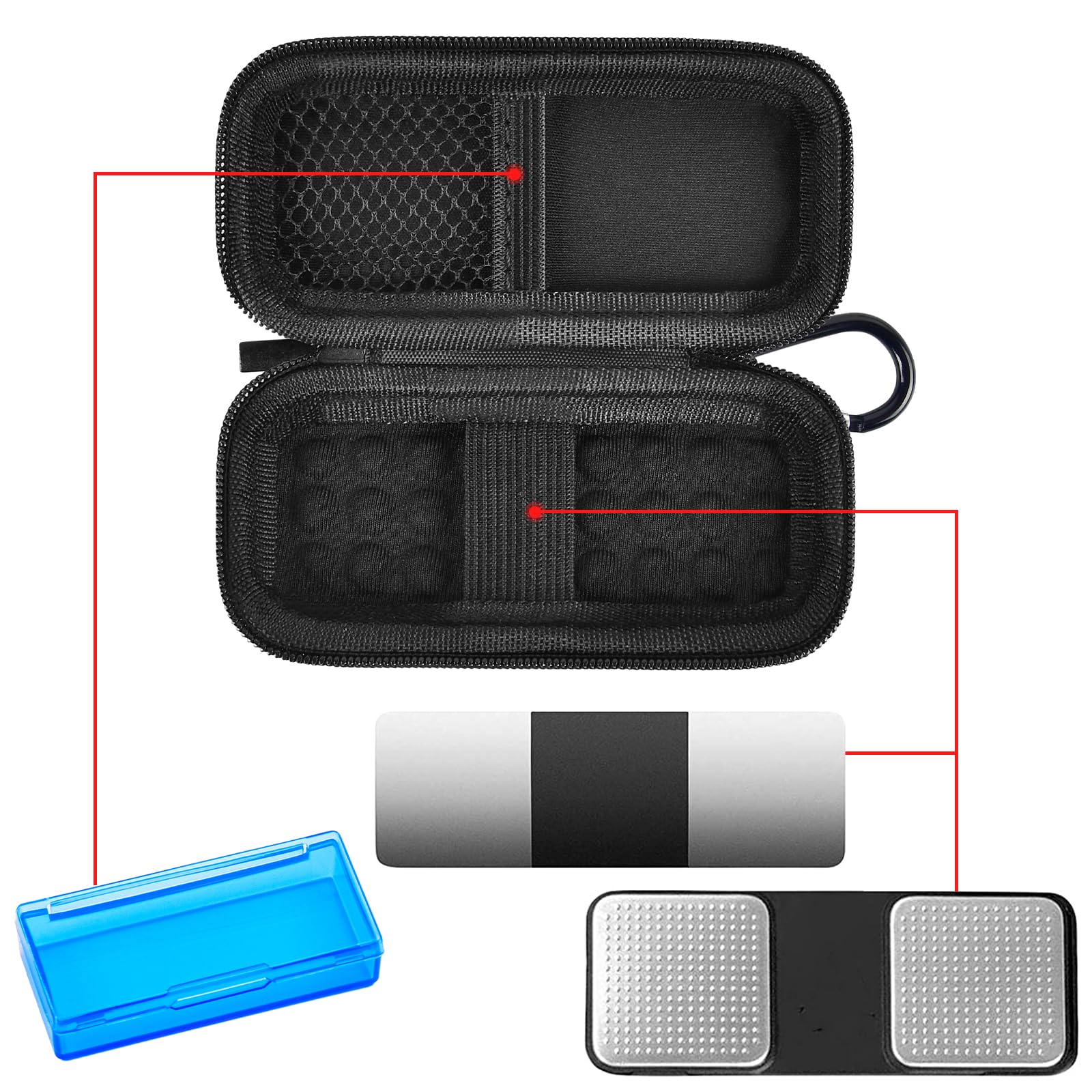 Open black KardiaMobile case with mesh pocket, sensor area, and accessory compartments
