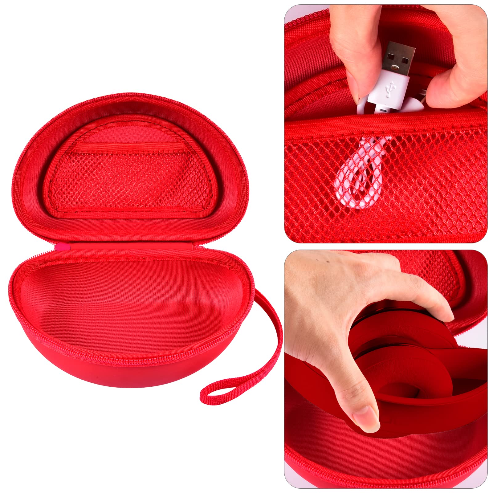 Open red headphone case with mesh accessory pocket and folded over-ear headphones
