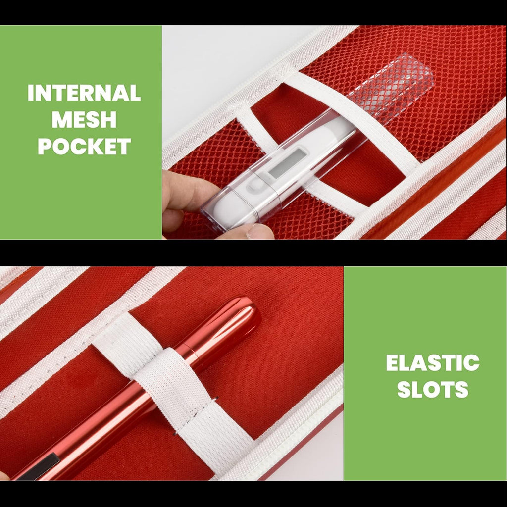 red stethoscope case interior with mesh pocket and elastic accessory slots