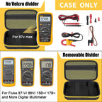 Multimeter case with removable divider and compatibility examples for several digital meters