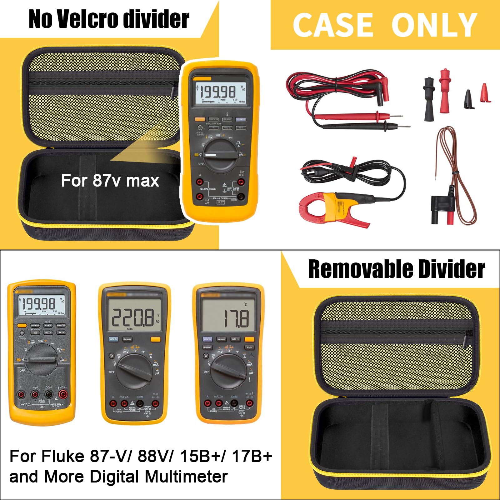 Multimeter case with removable divider and compatibility examples for several digital meters