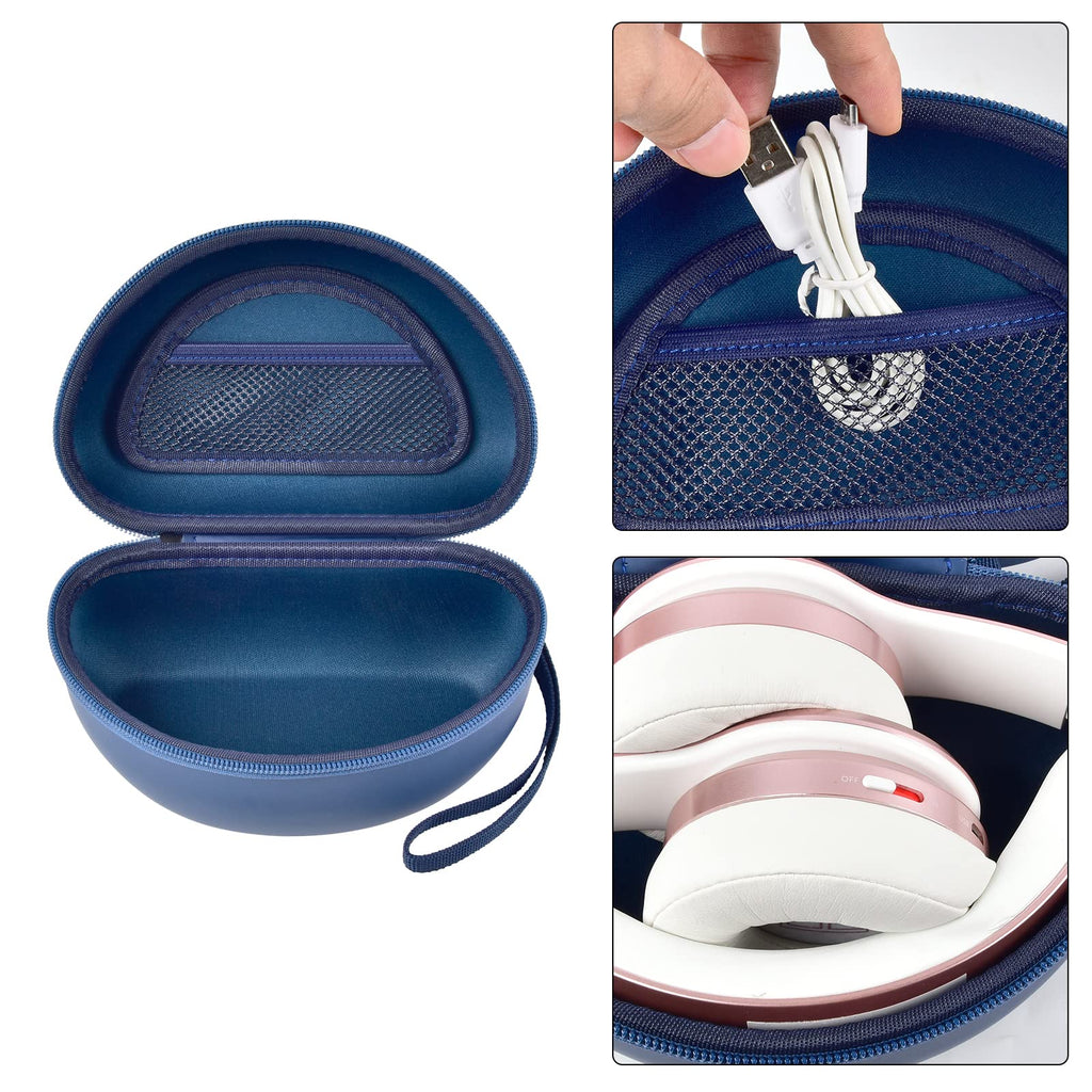 Navy blue headphone case with hard EVA shell, strong zipper, and carrying strap