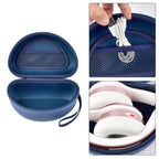 Navy blue headphone case with hard EVA shell, strong zipper, and carrying strap