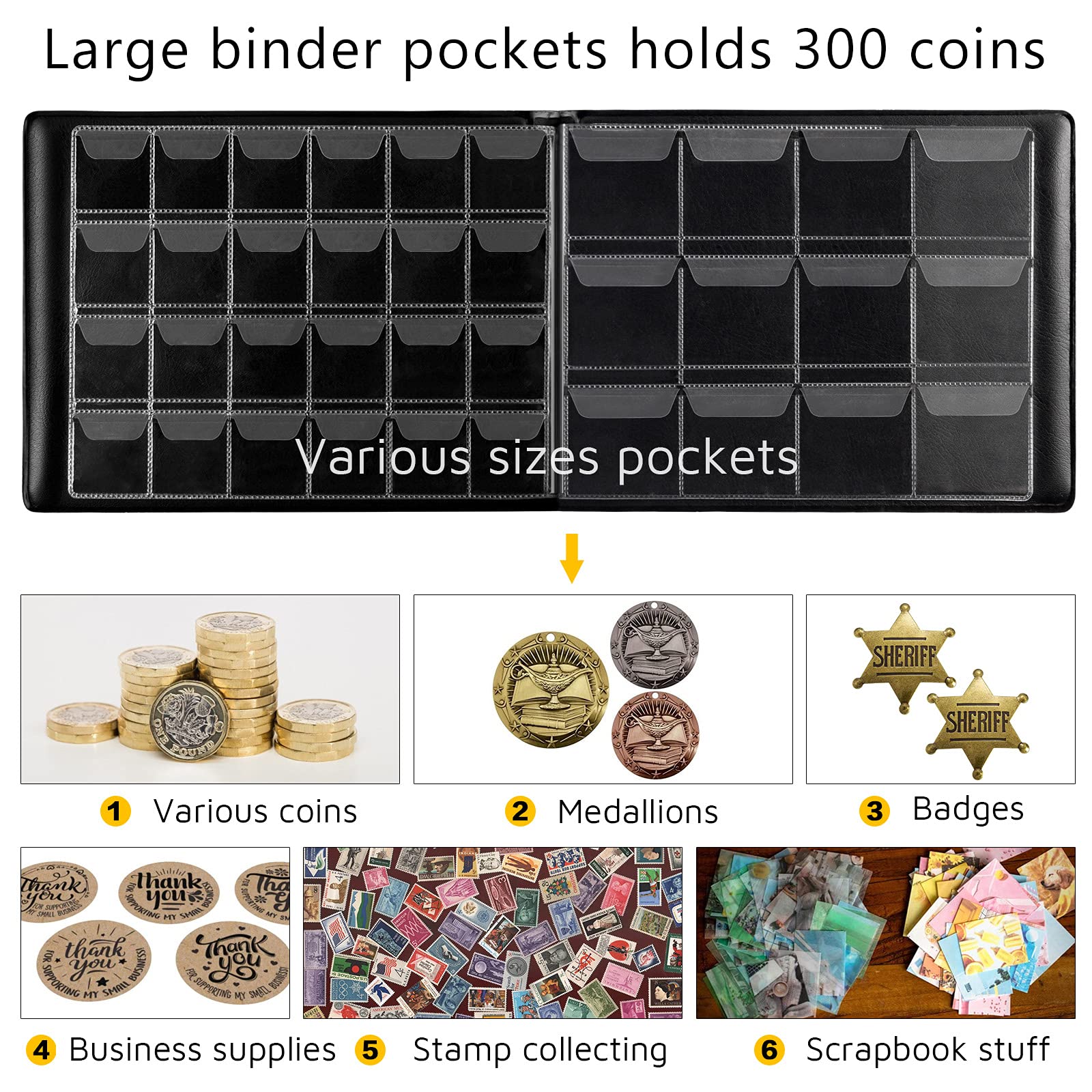 Large album pockets for coins, medallions, badges, stamps, business supplies, and scrapbook pieces