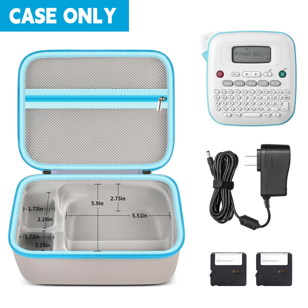 Open gray and blue label maker case with mesh pocket and molded compartments; case only