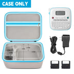 Open gray and blue label maker case with mesh pocket and molded compartments; case only