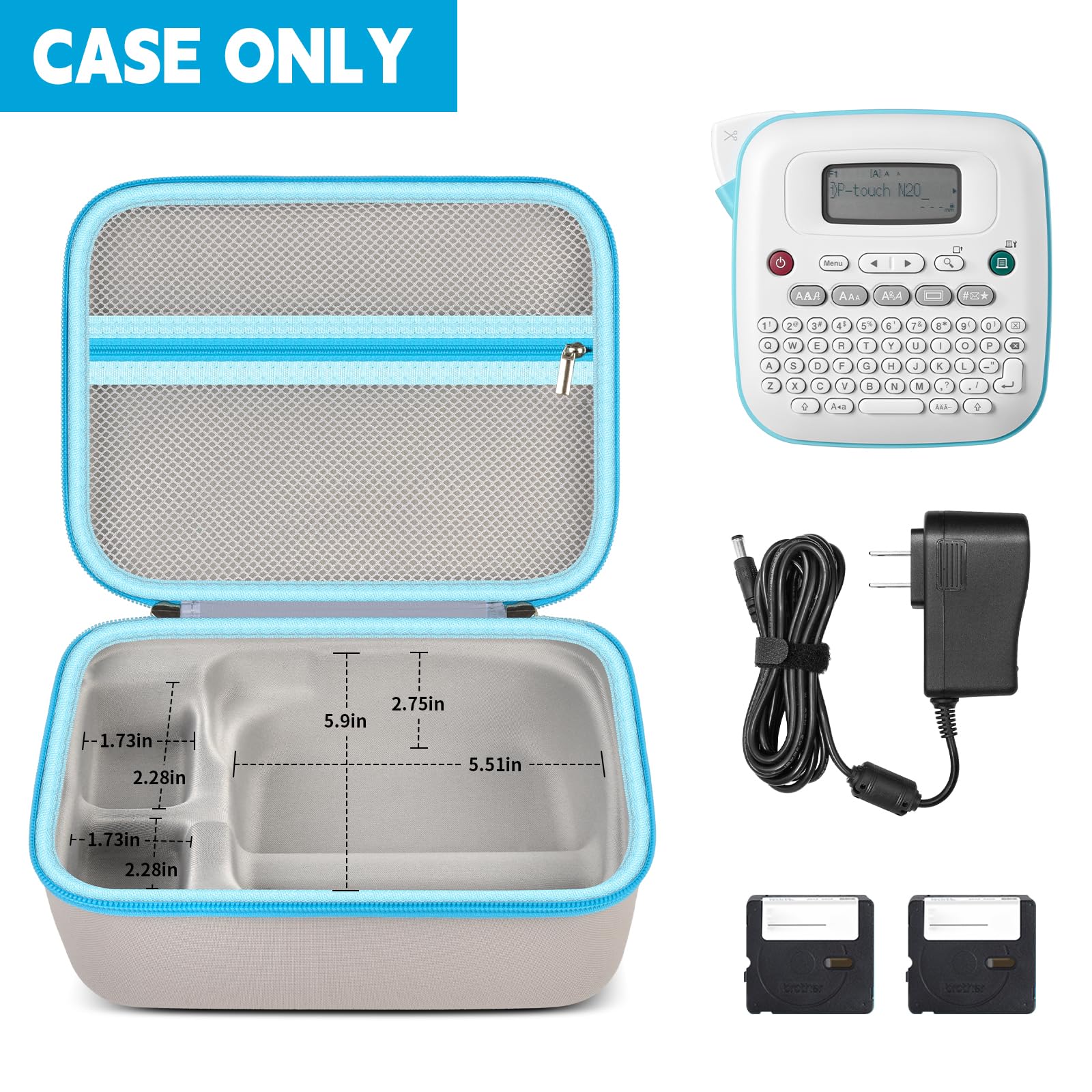 Open gray and blue label maker case with mesh pocket and molded compartments; case only