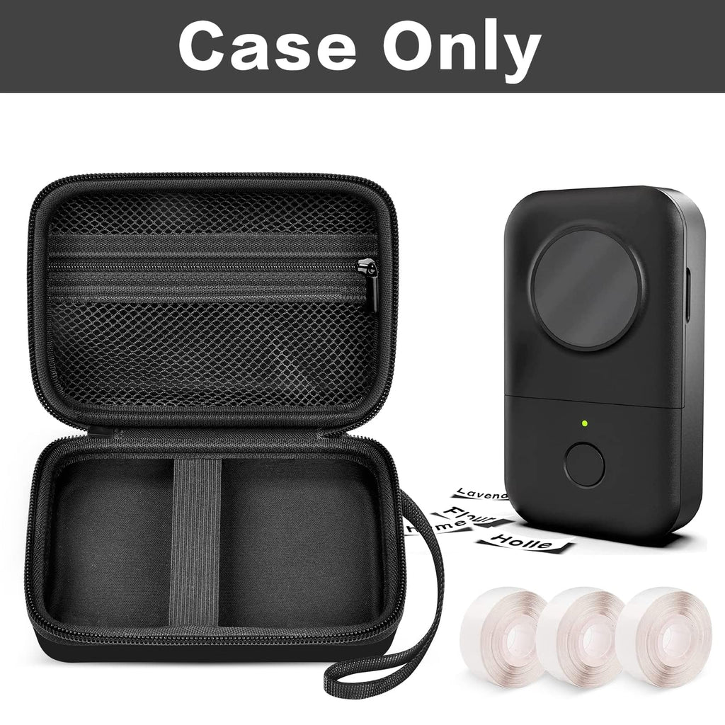 Open black label maker case with mesh pocket and divided interior; case only