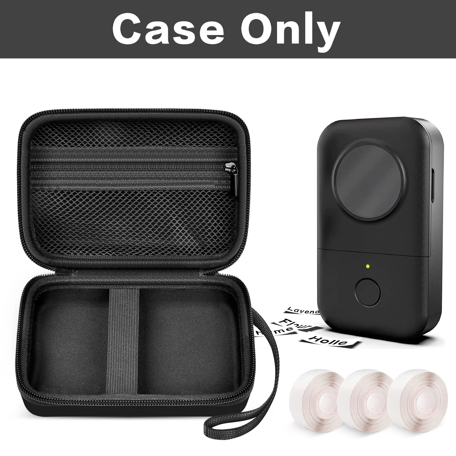 Open black label maker case with mesh pocket and divided interior; case only