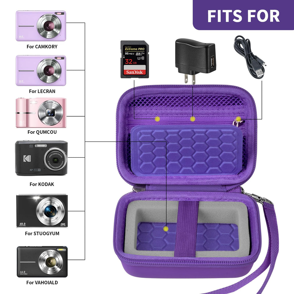 Open purple compact camera case shown with compatible Kodak, Canon, and Sony cameras