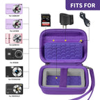 Open purple compact camera case shown with compatible Kodak, Canon, and Sony cameras
