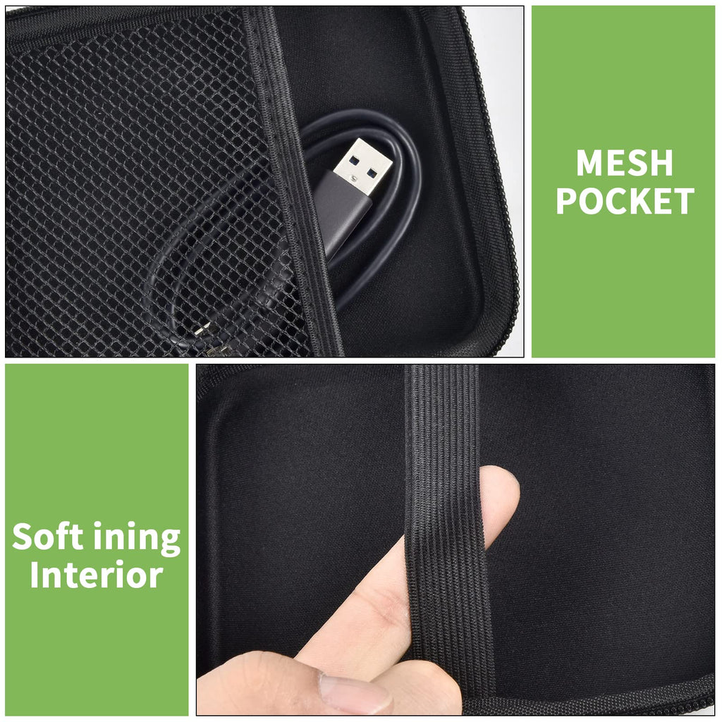 Close-up of black case mesh pocket, soft lining, and elastic retaining strap