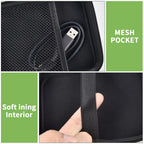 Close-up of black case mesh pocket, soft lining, and elastic retaining strap