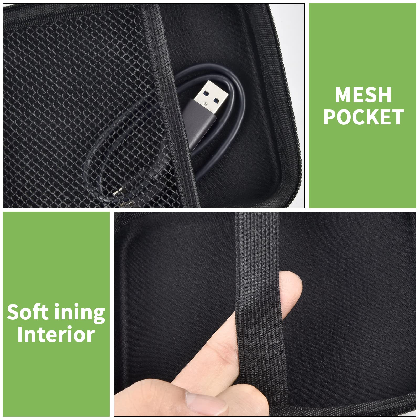 Close-up of black case mesh pocket, soft lining, and elastic retaining strap