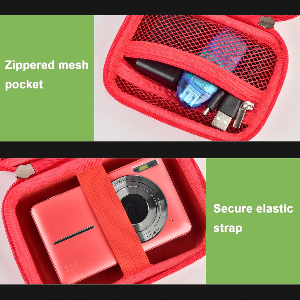 Red protective digital camera case zippered mesh pocket and elastic camera strap interior