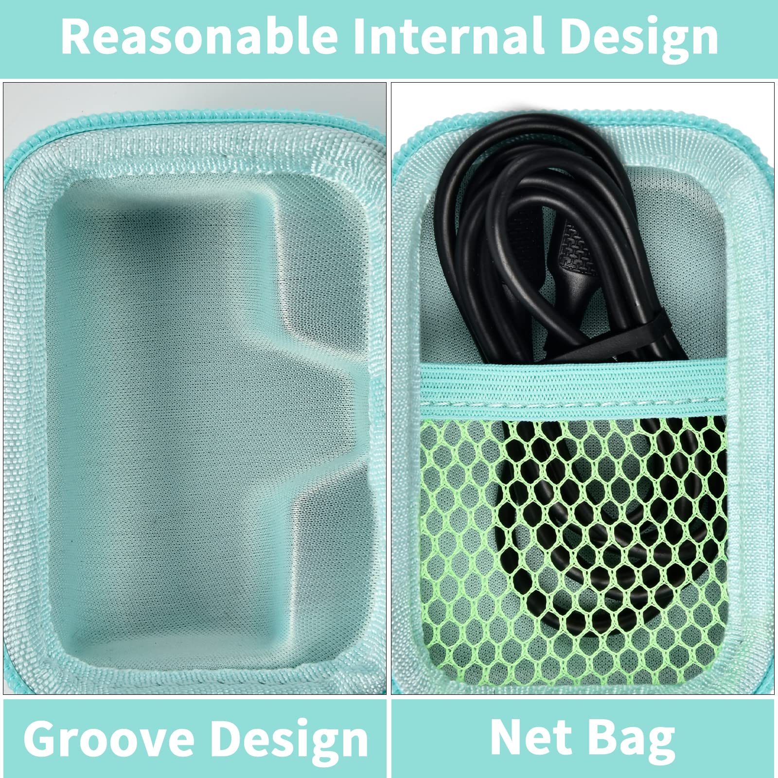 Mint green charger case interior with molded groove and mesh cable pocket