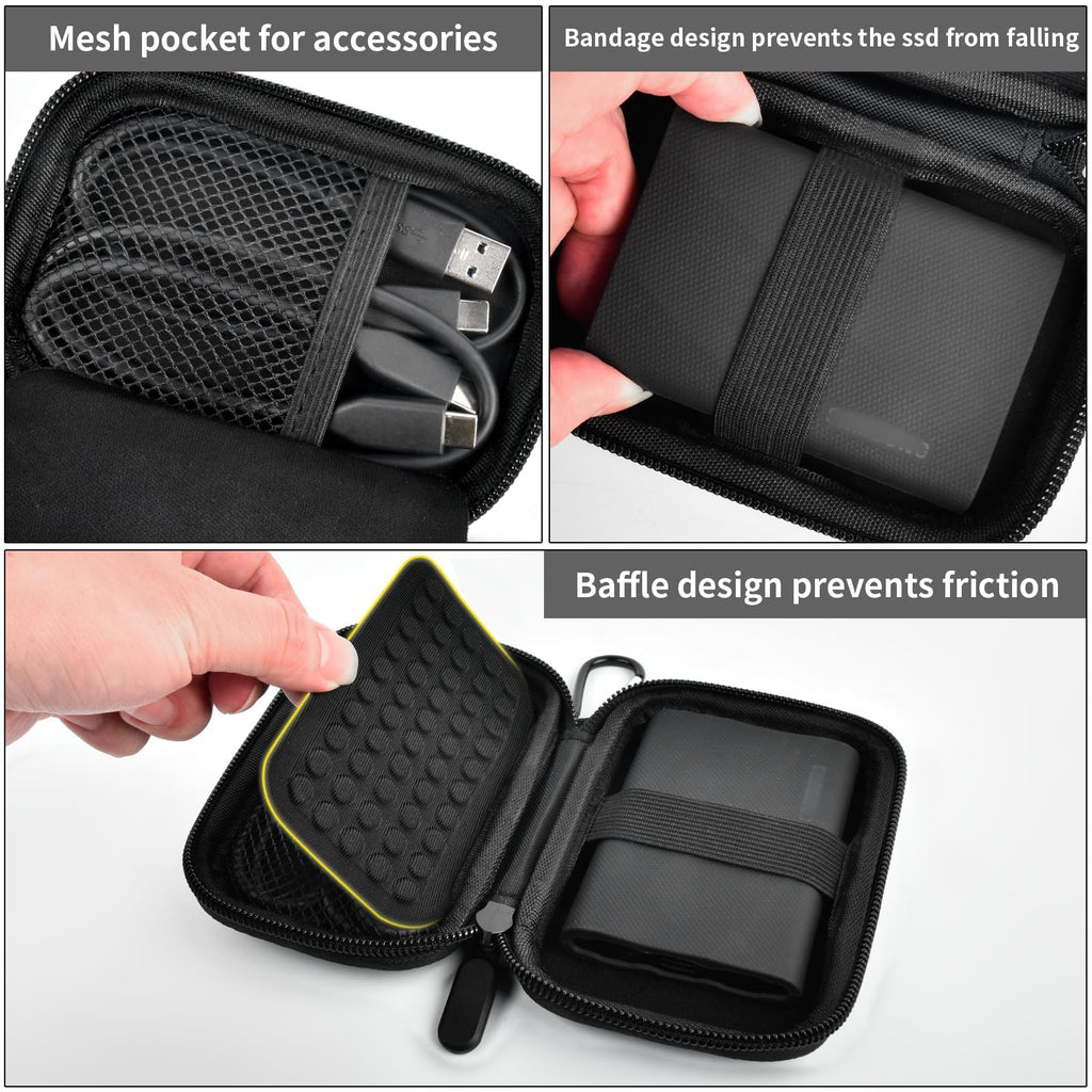 Black SSD case interior with mesh cable pocket, elastic bands, and padded divider