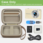 Khaki protective digital camera case shown open with compatible compact camera and accessories