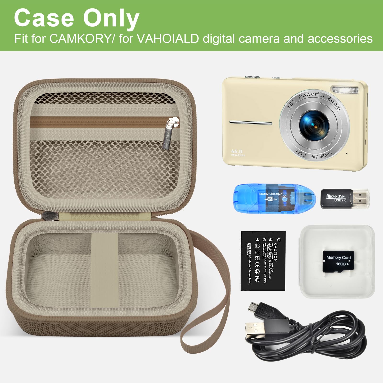 Khaki protective digital camera case shown open with compatible compact camera and accessories