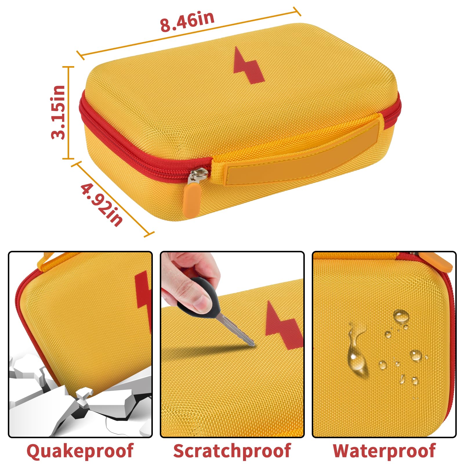 Yellow and red multimeter case dimensions with impact, scratch, and water-resistant protection