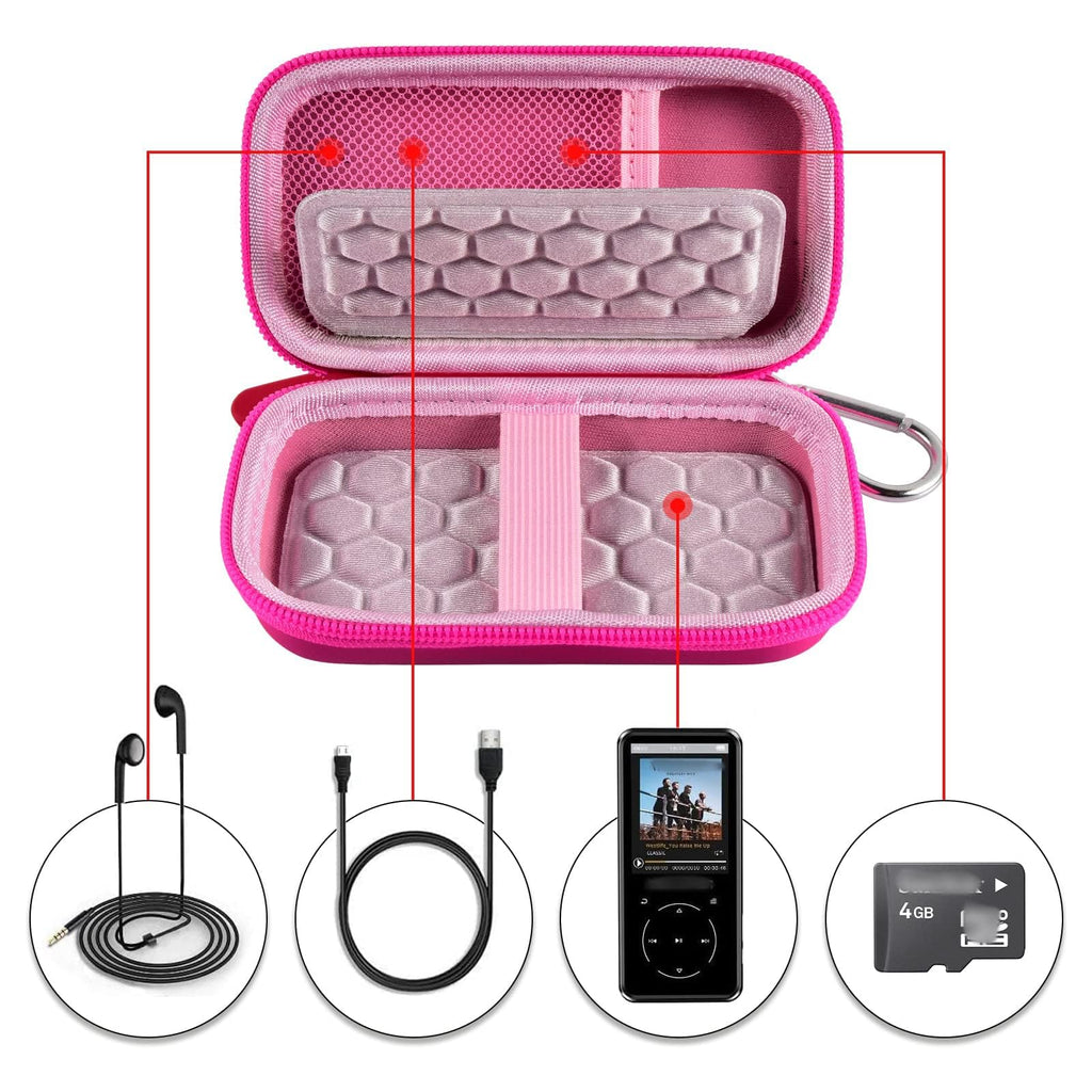 Open pink MP3 and MP4 player case with molded padding, mesh pocket, and elastic straps