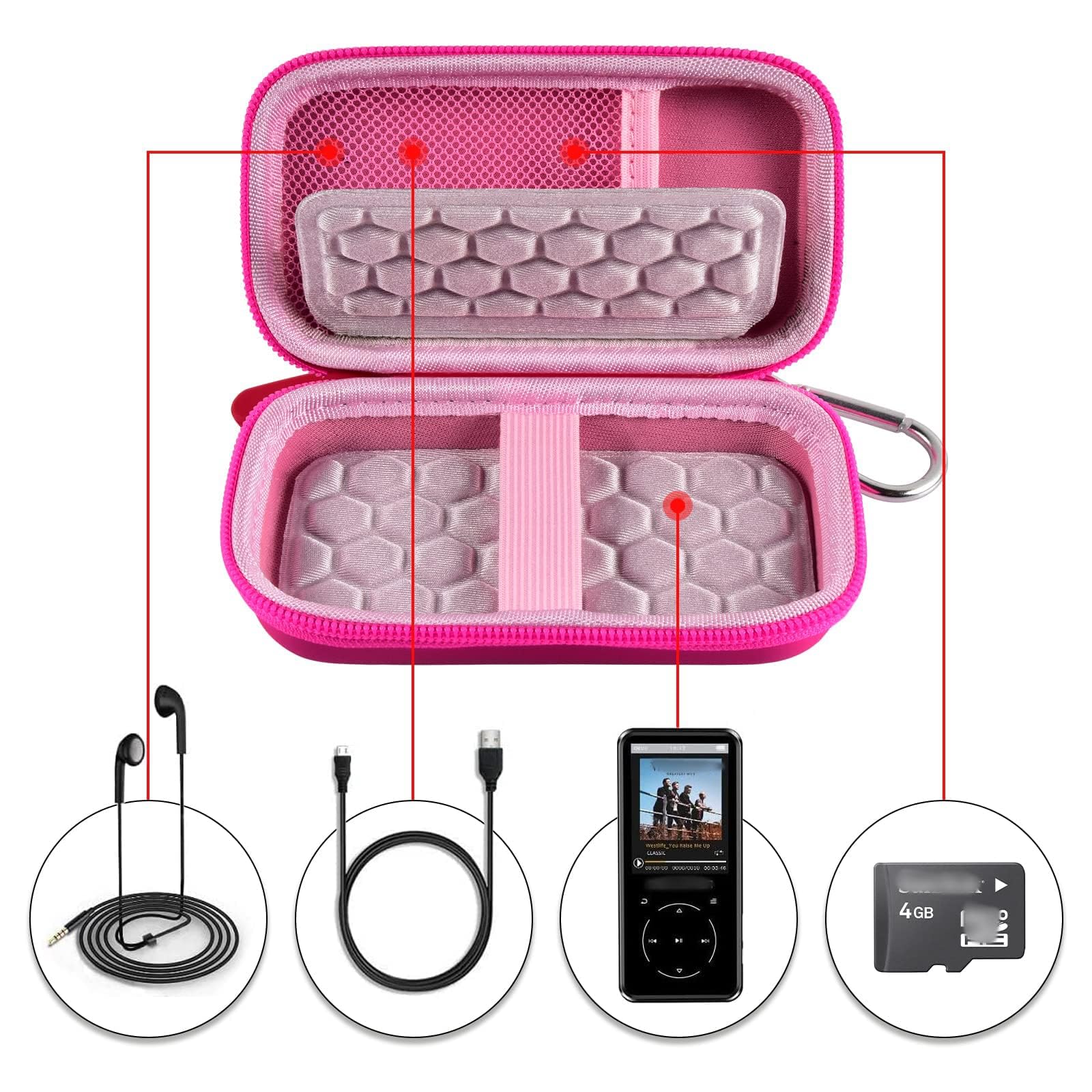 Open pink MP3 and MP4 player case with molded padding, mesh pocket, and elastic straps