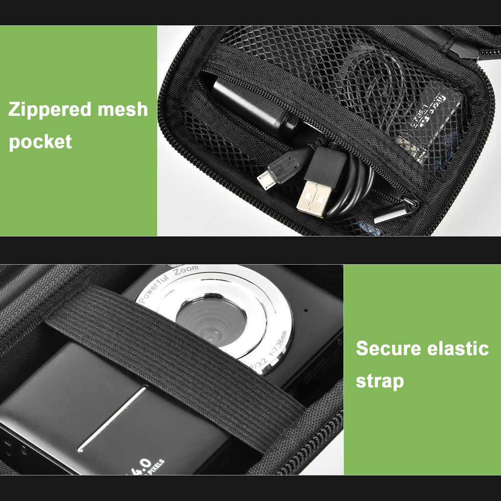 Black protective digital camera case scratch-resistant shell, zipper and wrist strap detail