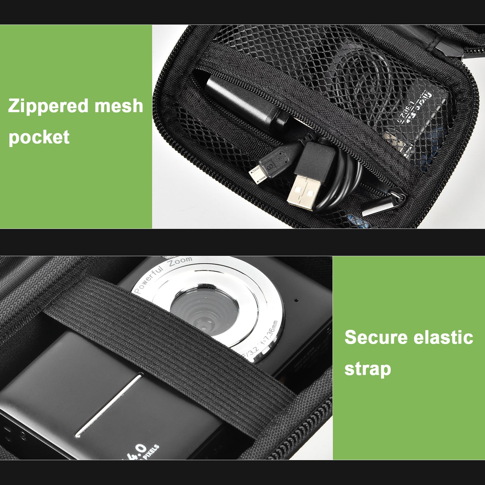 Black protective digital camera case scratch-resistant shell, zipper and wrist strap detail