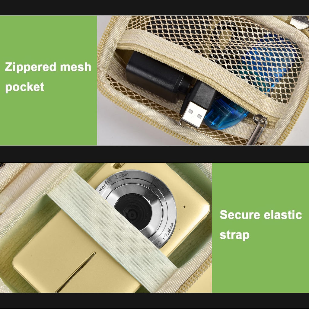 Beige protective digital camera case zippered mesh pocket and elastic camera strap interior