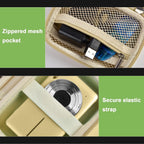 Beige protective digital camera case zippered mesh pocket and elastic camera strap interior