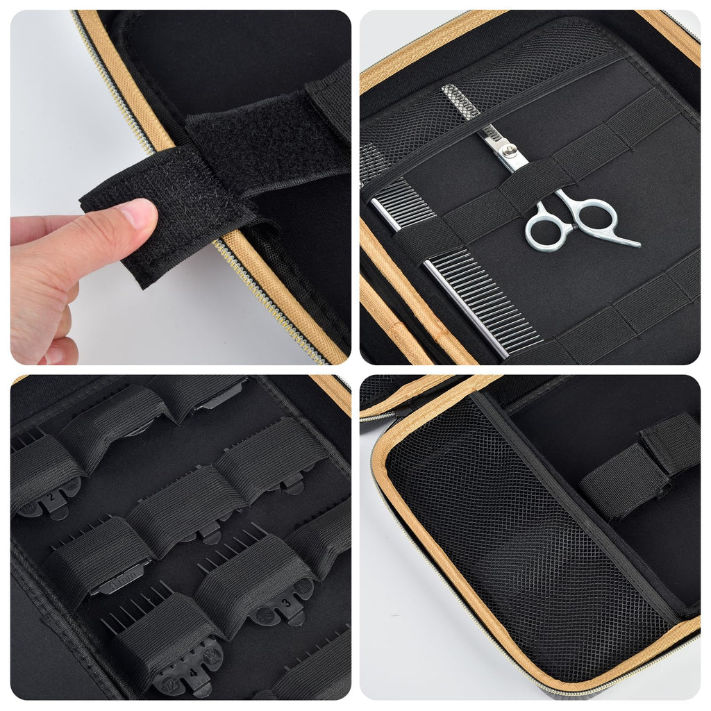 Black clipper case interior with adjustable elastic loops, mesh pocket, and padded compartments