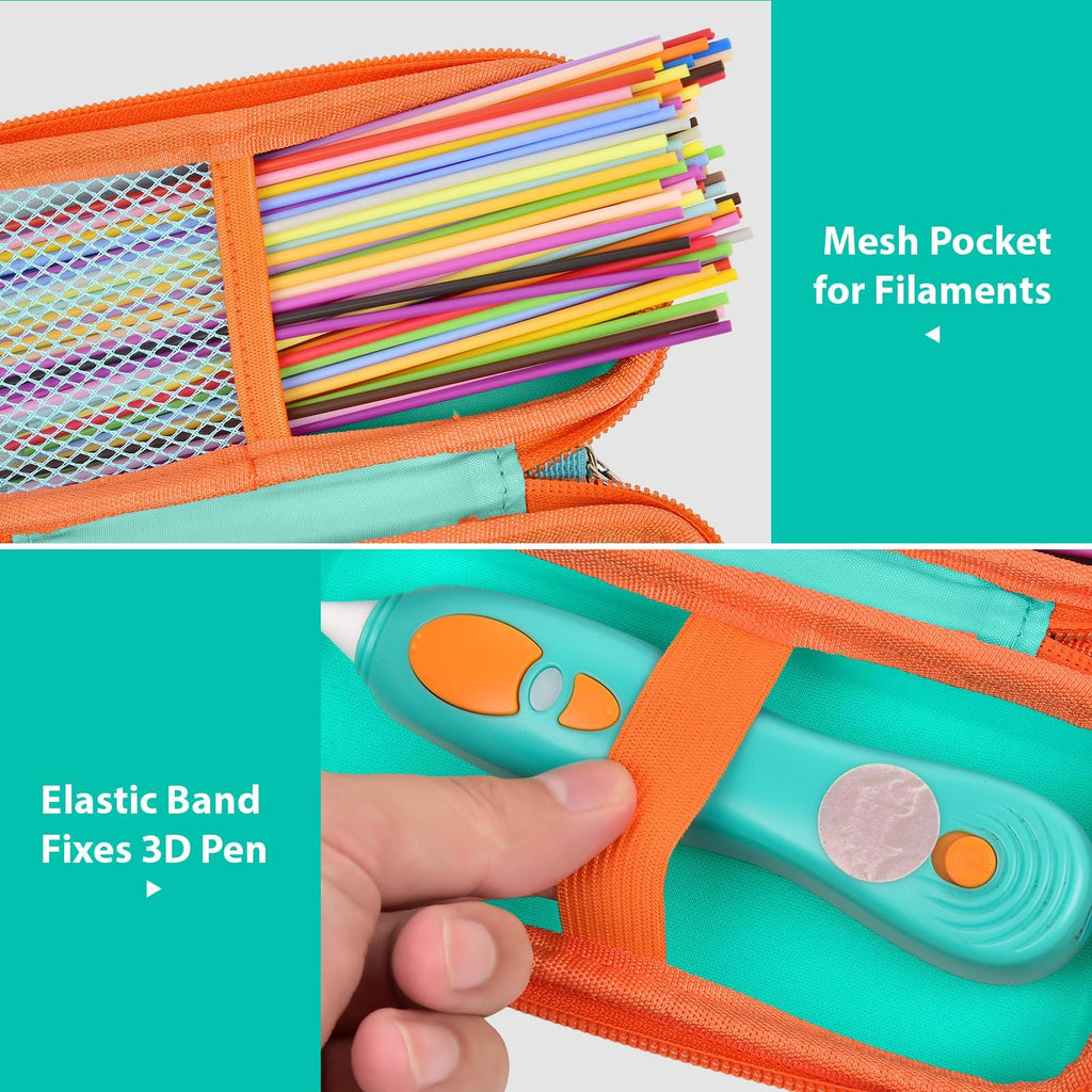 Teal and orange case interior with mesh filament pocket and elastic pen strap