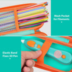 Teal and orange case interior with mesh filament pocket and elastic pen strap